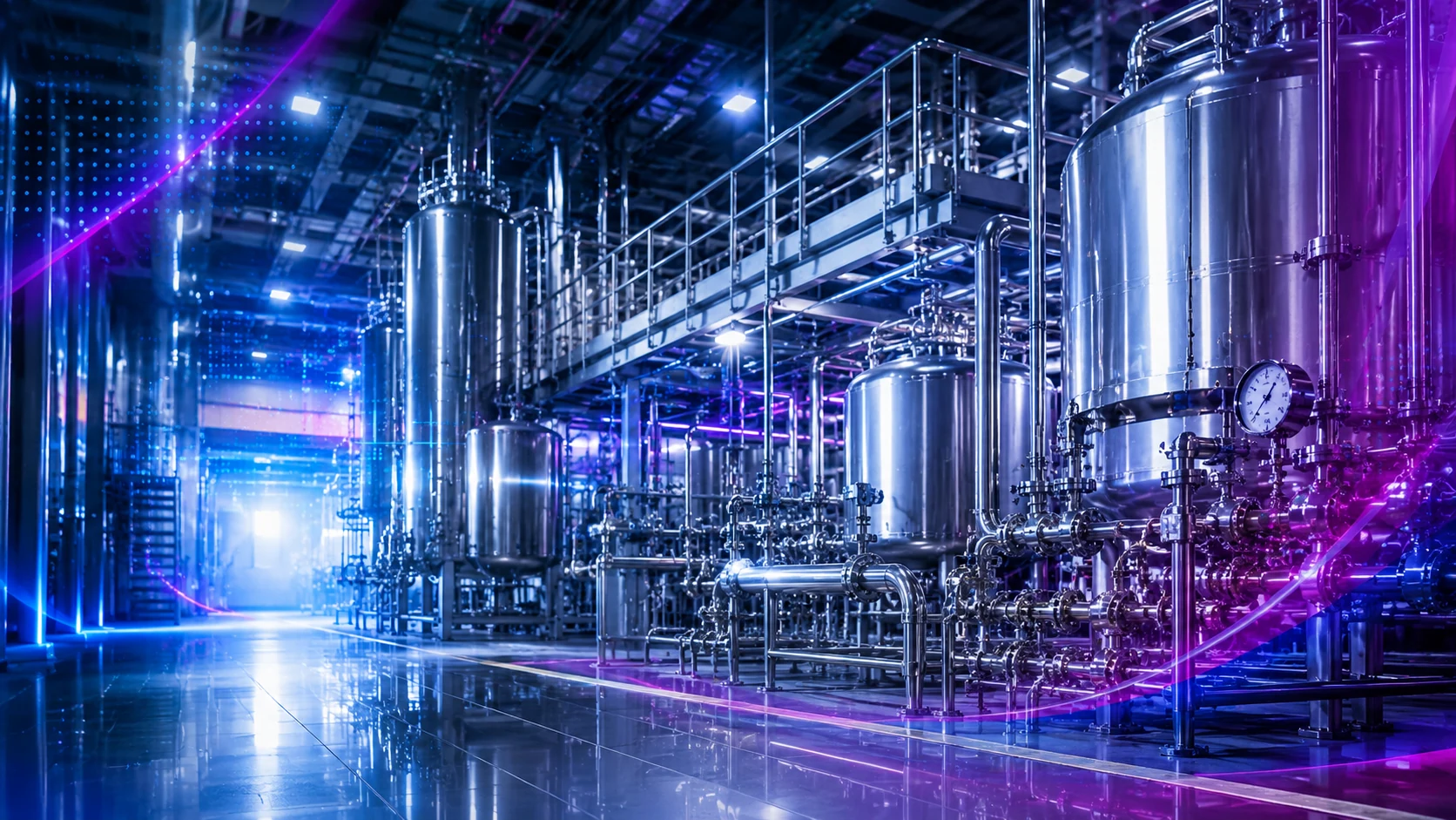 Planta industrial inteligente com tanques, tubulações e infraestrutura sanitária